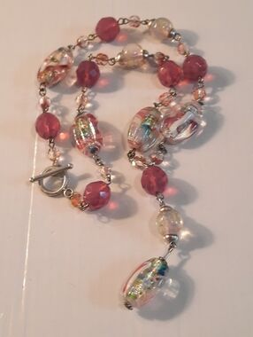Pink Glass Bead Necklace with Silver Toggle